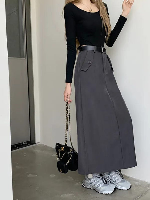 Casual Full Length Side Pocket Loose Skirts With Belt